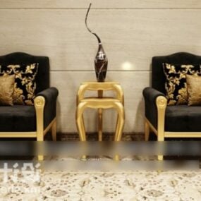 Kursi Berlengan Bingkai Emas Dengan Meja Bangku model 3d