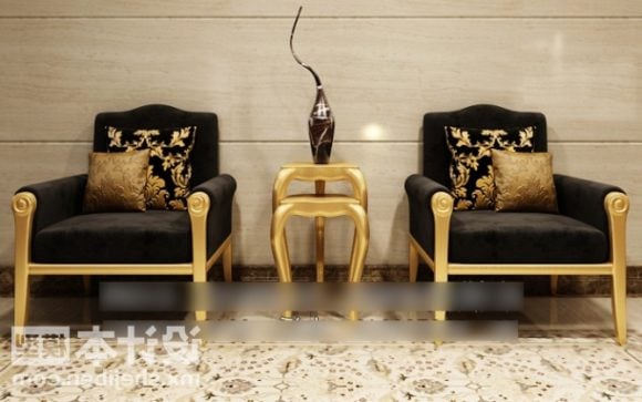 Golden Frame Armchair With Stool Table