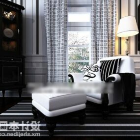 3д модель элегантного белого классического дивана с пуфиком