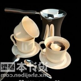 مدل سه بعدی فنجان قهوه با دیگ نقره ای
