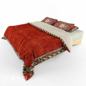 复古双人床红色图案毯子3d模型