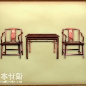 Cadeira asiática com encosto alto em madeira vermelha modelo 3d