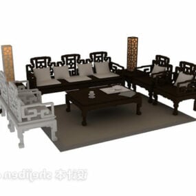 Chinese Sofa Carved Style With Rug 3d model