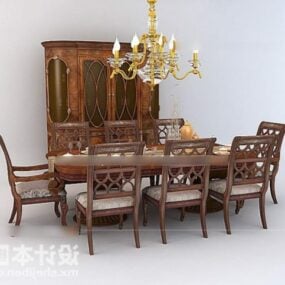 โต๊ะรับประทานอาหารและเก้าอี้ไม้เอเชียแบบ 3 มิติ