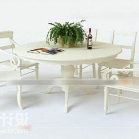 गोल डाइनिंग टेबल और कुर्सी सफेद रंग से रंगा हुआ 3डी मॉडल