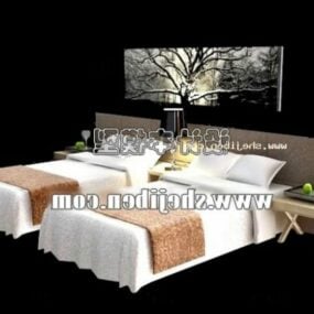Twin Single Bed Hotel Room V1 3d model