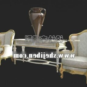 Wooden Dining Table With Flower Vase And Food Disc Set 3d model