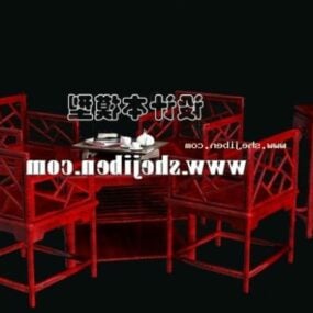 Meja dan Kursi Cina Model 3D Dicat Merah