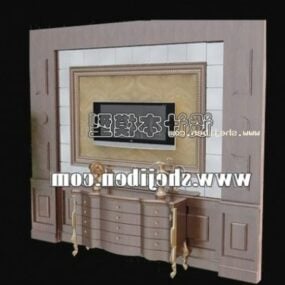 Wooden Dressing Table, Round Mirror, Stool, Cosmetic 3d model