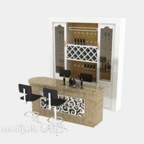 Kabinet Wain Kayu Dengan Kerusi Bar model 3d