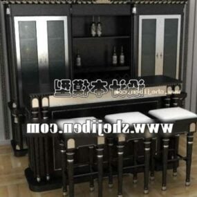Mueble para vino de madera oscura con silla de bar modelo 3d