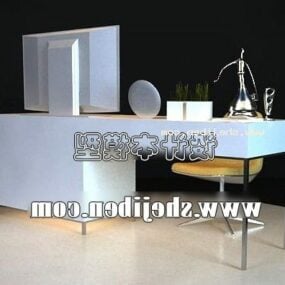 שולחן עבודה לבן עם כיסא ומחשב דגם תלת מימד