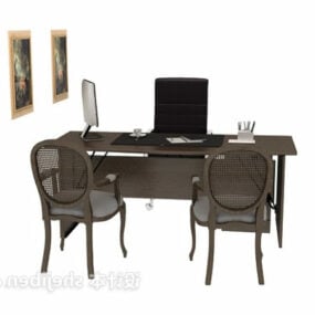 โต๊ะโบราณพร้อมเก้าอี้เฟอร์นิเจอร์ห้องสำนักงานแบบจำลอง 3 มิติ
