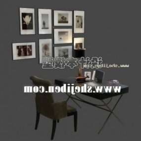 Bureau de travail avec chaise et cadre photo mural décoratif modèle 3D
