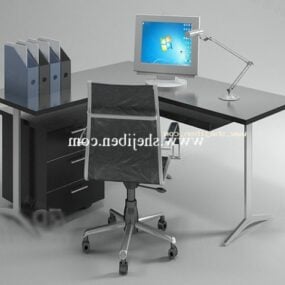 طاولة مكتب عمل للموظفين وكرسي نموذج ثلاثي الأبعاد