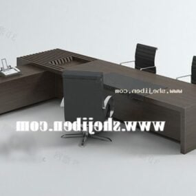 Long Work Desk Table With Chair 3d model