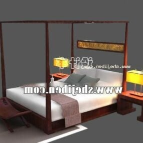 Wooden Poster Bed With Nightstand 3d model