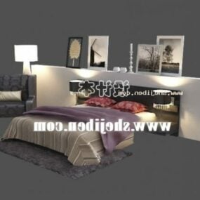 बैकवॉल 3डी मॉडल पर पेंटिंग फ्रेम के साथ बेडरूम बिस्तर