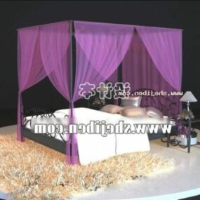 Łóżko z plakatem i fioletową zasłoną Model 3D