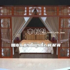 Chinese Wood Poster Bed With Curtain 3d model