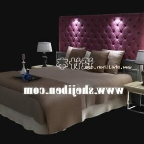 3д модель двуспальной кровати с фиолетовой стеганой спинкой