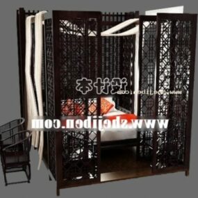 Modello 3d del letto con poster in legno nero cinese