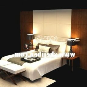 מיטת מלון עם שטיח ומנורה דגם תלת מימד