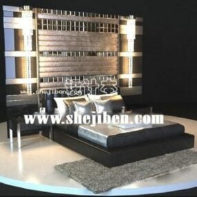 Black Leather Bed With Glass Backwall 3d model