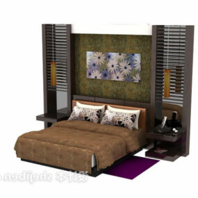 Brown Bed With Wooden Backwall And Painting Decor 3d model