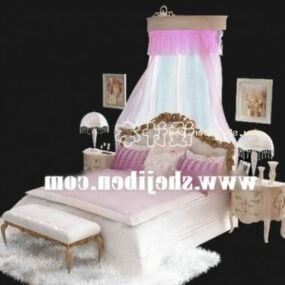 تخت خواب واقع گرایانه با بالش های پتویی میز خواب و لامپ مدل سه بعدی