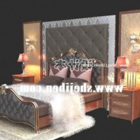 Hotel Antique Bed With Black Leather Tufted Wall 3d model