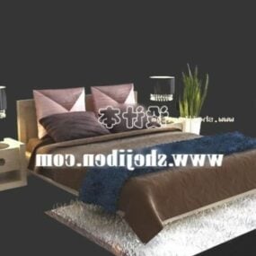 Dark Brown Bed With White Carpet 3d model