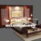 Wooden Antique Bed With Carved Backwall Partition