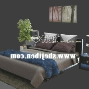 Modern Bed With Carpet And Pot Plant 3d model
