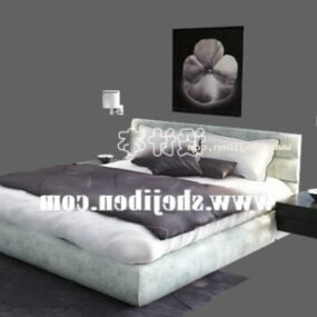 Upholstered Leather Bed With Pillows And Night Stand 3d model