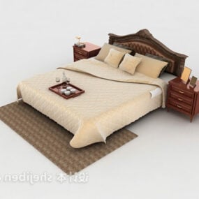 Beige Bed Antique Wooden Bed 3d model