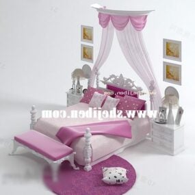 Pink seng med tæppemøbler 3d model