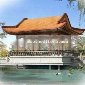 3d модель китайської будівлі з видом на озеро