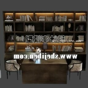 مكتبة خشب بني مع طاولة عمل نموذج ثلاثي الأبعاد
