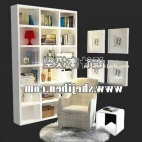 Hvit bokhylle med hvilestol 3d-modell