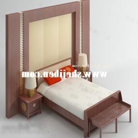 3d модель китайського двоспального ліжка з меблевою стінкою