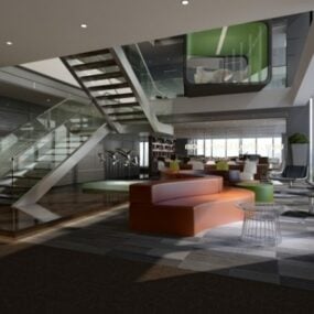فضای اداری تالار دوبلکس با مدل سه بعدی پله مدرن