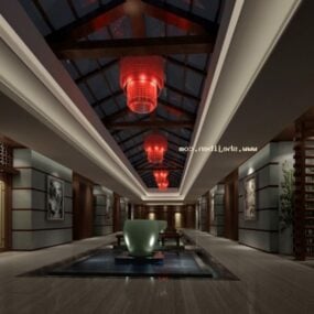 Modelo 3D da cena interior do espaço do saguão do hotel chinês