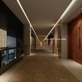 3д модель коридора отеля с деревянной отделкой стен