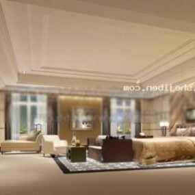 Quarto de hotel com janelas largas e carpete Modelo 3D
