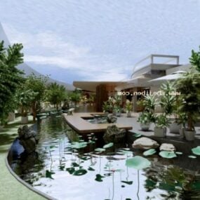 مدل سه بعدی صحنه بیرونی خانه روی دریاچه