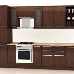 3д модель коричневого кухонного шкафа с бытовой техникой