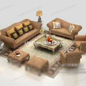 Set tavolino da caffè per divano in pelle marrone europeo modello 3d