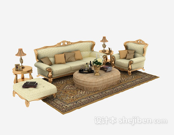Mesa de centro clásica con sofá y juego de alfombras