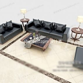 مبل چرمی مشکی با میز قهوه و فرش مدل سه بعدی